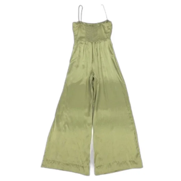 REFORMATION Sage Silk Jumpsuit Smocked Wide Leg Artichoke Green Clean Girl